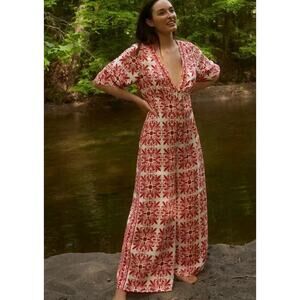 FARM RIO by Anthropologie Carmina Button-Front Jumpsuit Womens Size S Red Motif